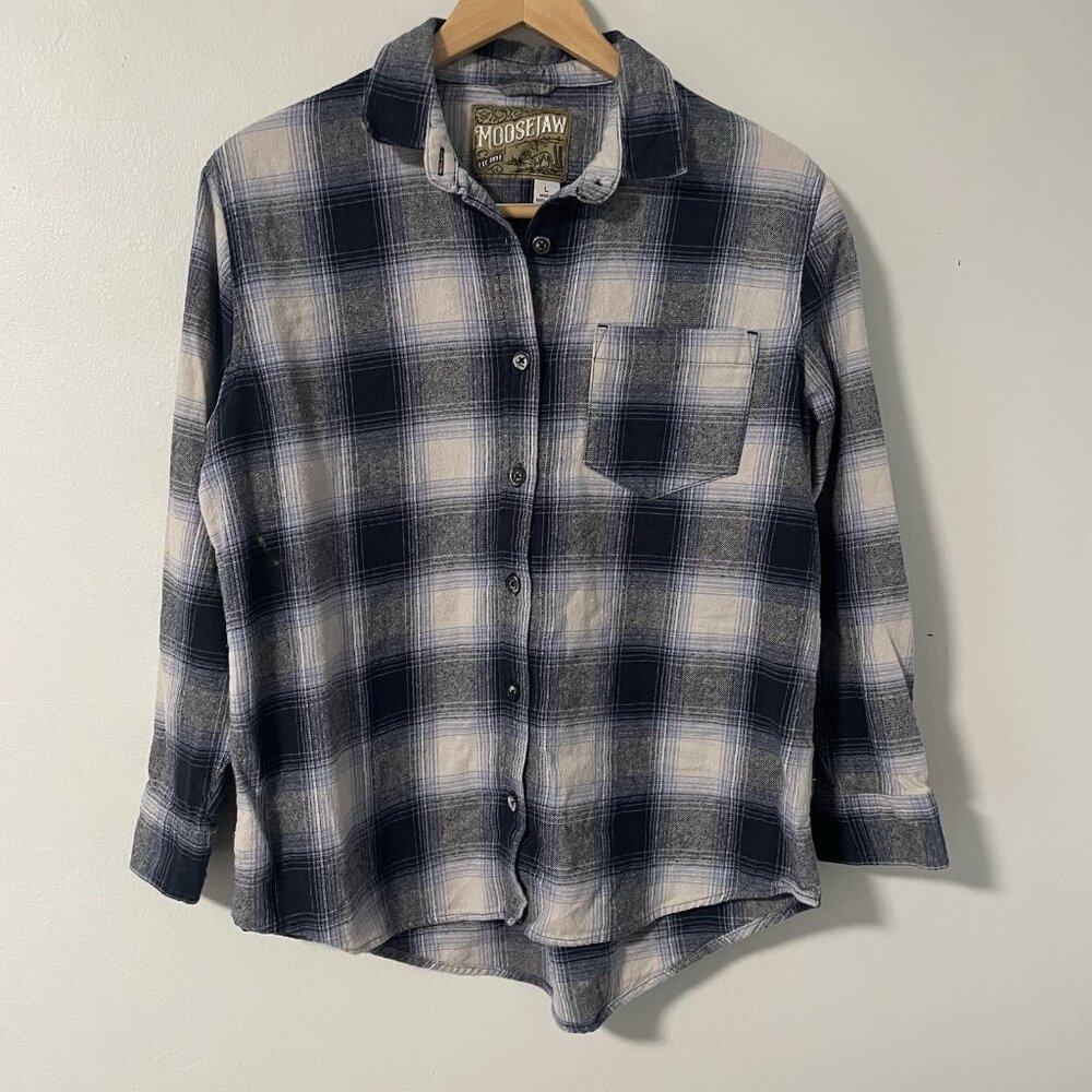 Moosejaw 100% Organic Cotton Plaid Flannel Button Up Shirt Blue Gray Navy L‎